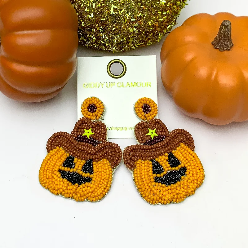 Women’s crystal stud earrings-Beaded Pumpkin Earrings With Brown Cowboy Hat