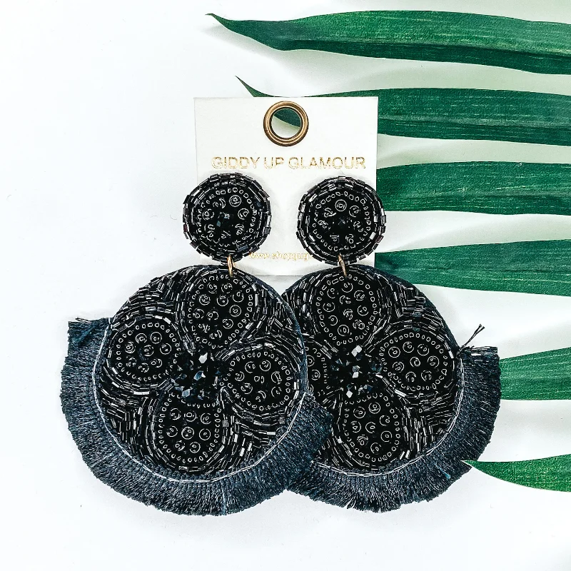 Women’s diamond cluster earrings-Large Seedbead and Crystal Beaded Statement Earrings with Fringe Trim in Black