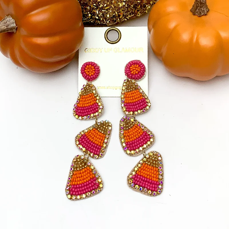 Women’s heart-shaped earrings-Three Tier Candy Corn Beaded Earrings in Orange and Pink