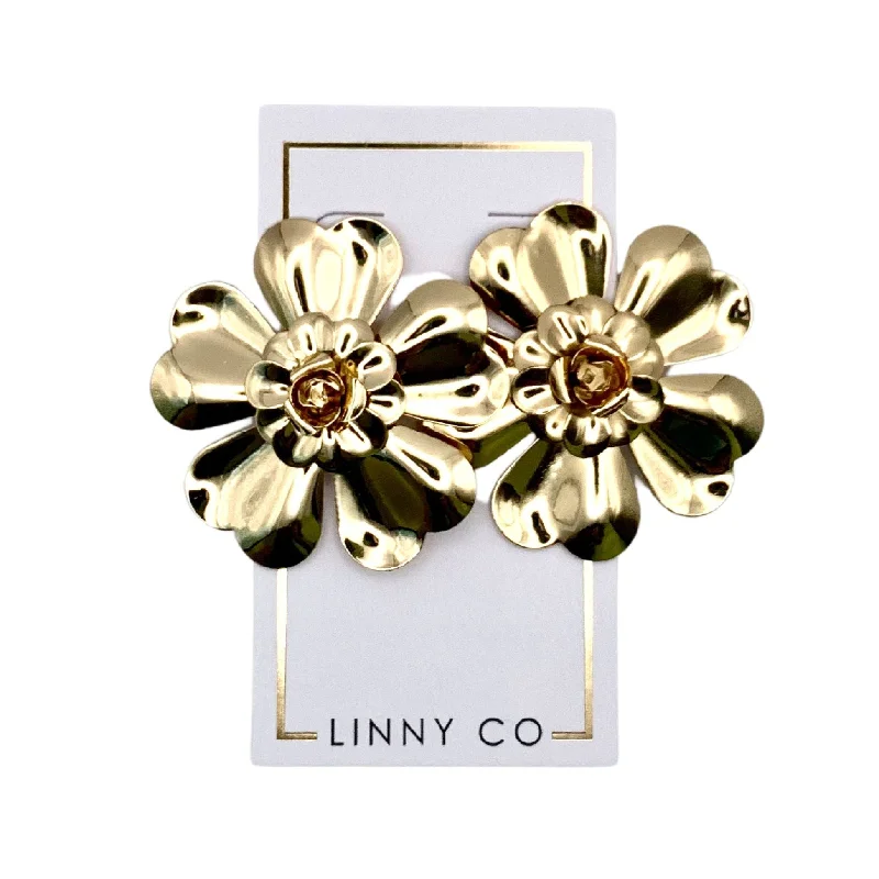 Women’s drop hoop earrings-Linny Co | Shelby Gold Tone Flower Earrings