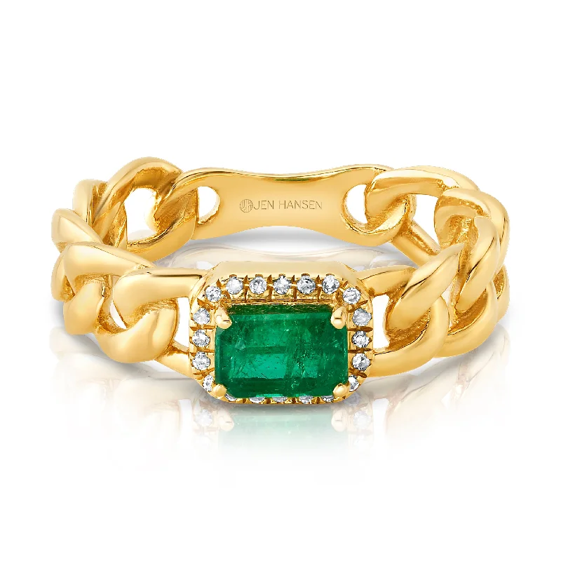 Women’s fashion rings-Elevated Diamond & Emerald Cuban Ring, 14kt Gold