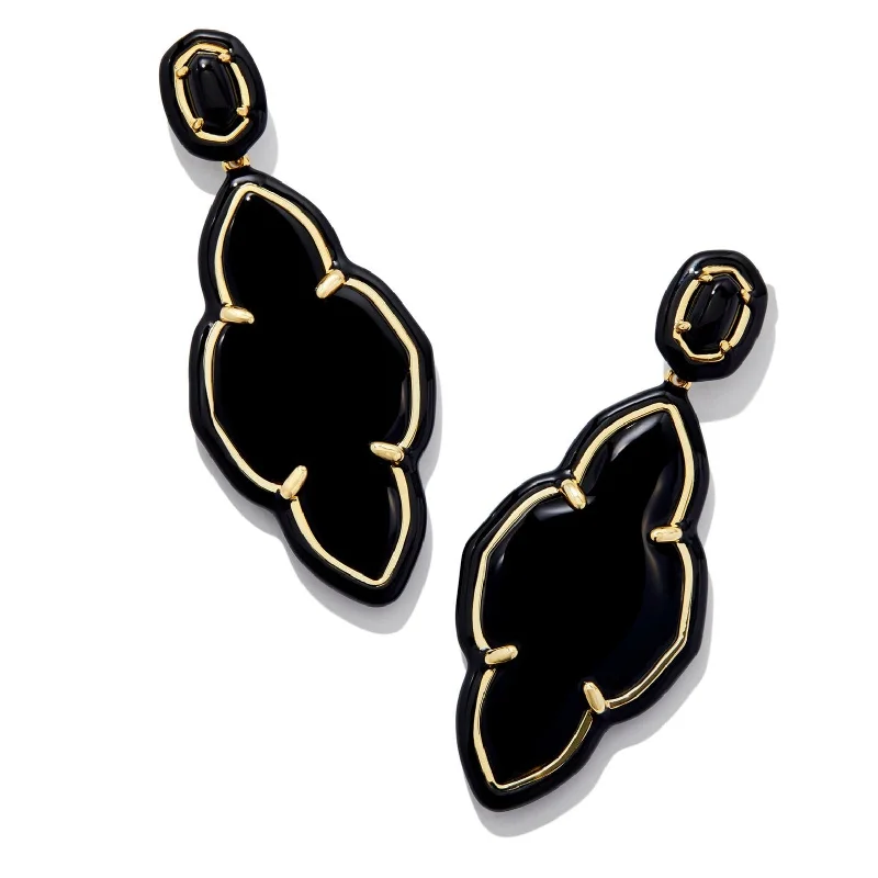 Women’s custom earrings-Kendra Scott | Abbie Gold Enamel Frame Statement Earrings in Black Agate