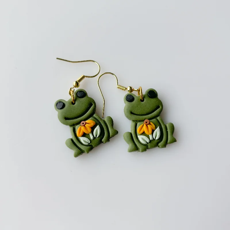 Women’s crystal drop earrings-GREEN SUNFLOWER FROG EARRINGS