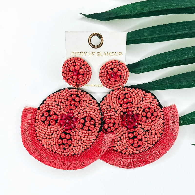 Women’s infinity earrings-Large Seedbead and Crystal Beaded Statement Earrings with Fringe Trim in Coral