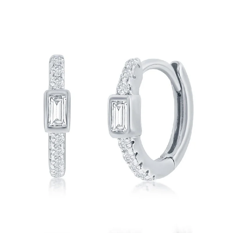 Women’s beaded earrings-SS 11MM Center Baguette CZ Huggie Hoop Earrings