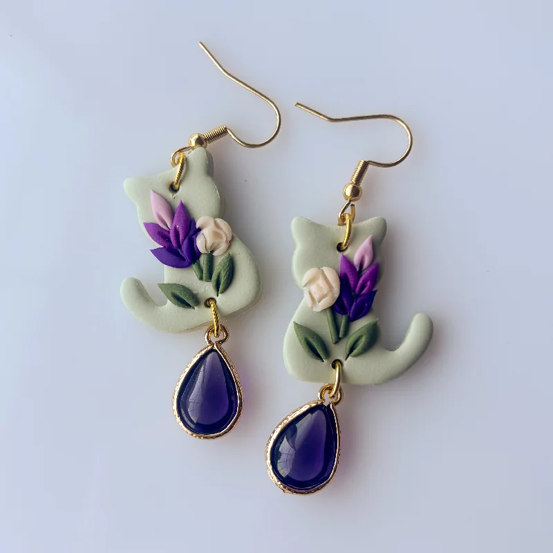 Women’s hoop earrings-LAVENDER BOUQUET CAT EARRINGS