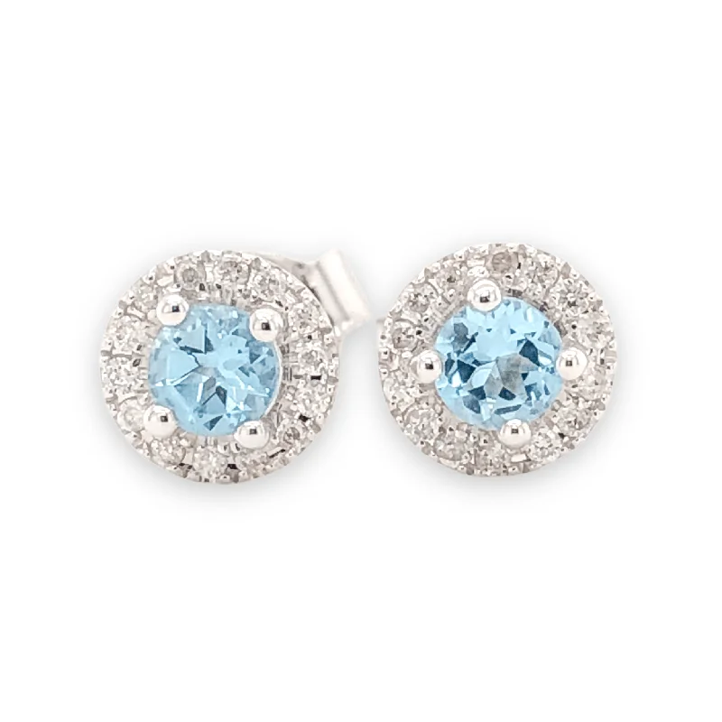 Women’s stud diamond earrings-14K W Gold 0.10cttw Diamond 0.30cttw Blue Topaz Round Halo Earrings