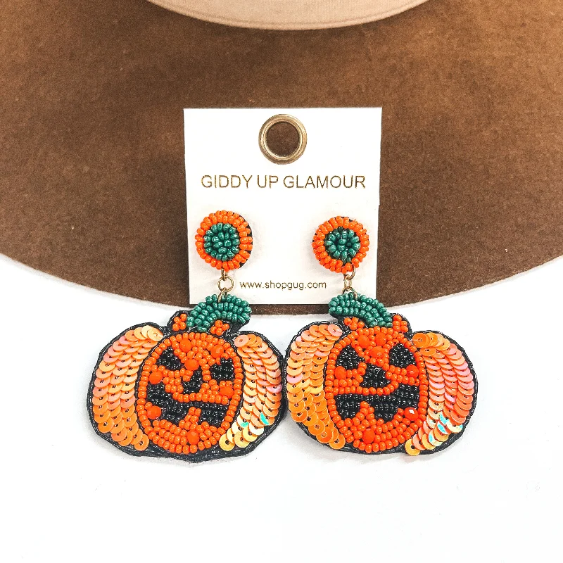 Women’s elegant drop earrings-Jack O' Lantern Sequin and Seedbeaded Post Earrings in Orange