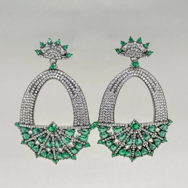 Women’s beaded dangly earrings-SS Green & White CZ Fancy Danlge Earrings