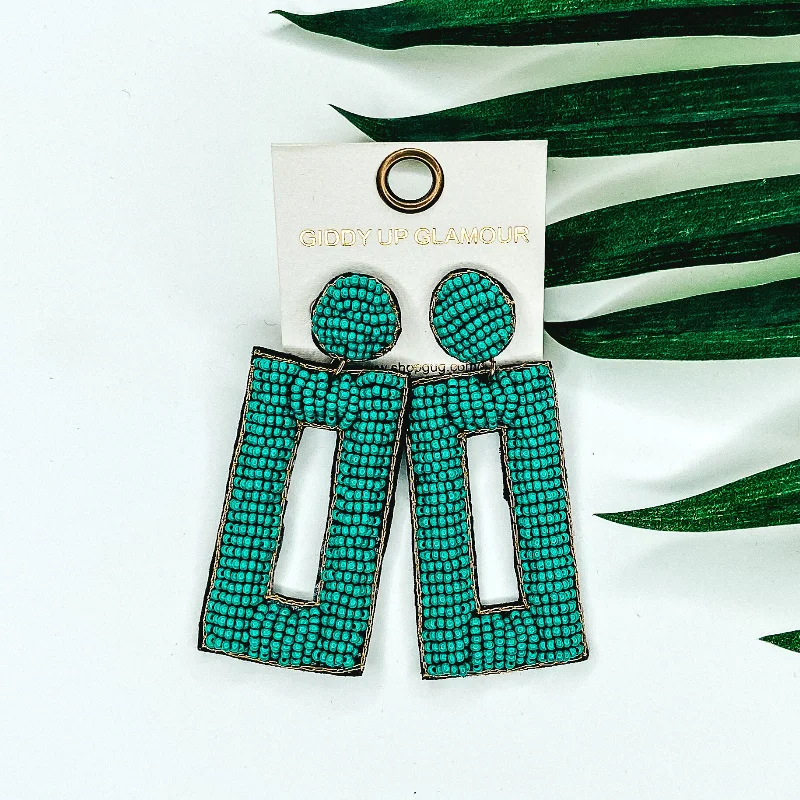 Women’s sterling silver earrings-Beaded Rectangle Drop Statement Earrings with Gold Trim in Turquoise