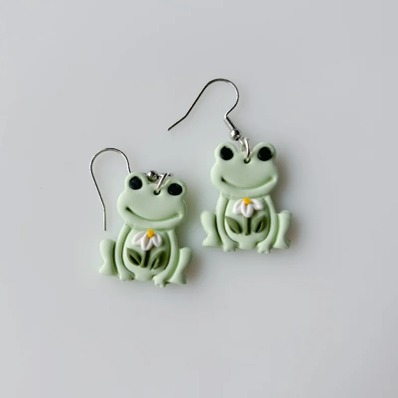 Women’s designer earrings-PALE GREEN DAISY FROG EARRINGS