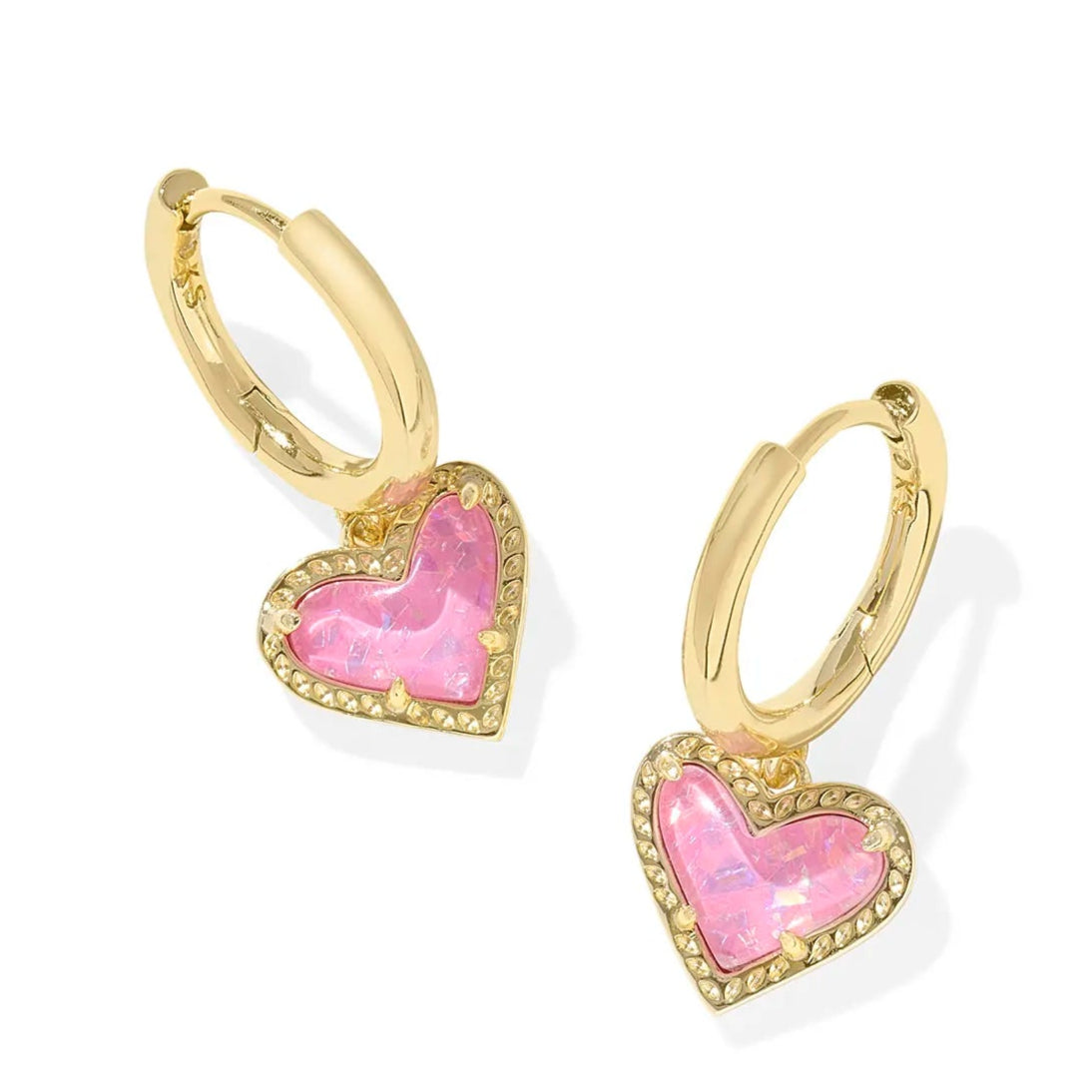 Women’s sterling silver earrings-Kendra Scott | Ari Heart Gold Huggie Earrings in Pink Iridescent Glitter Glass