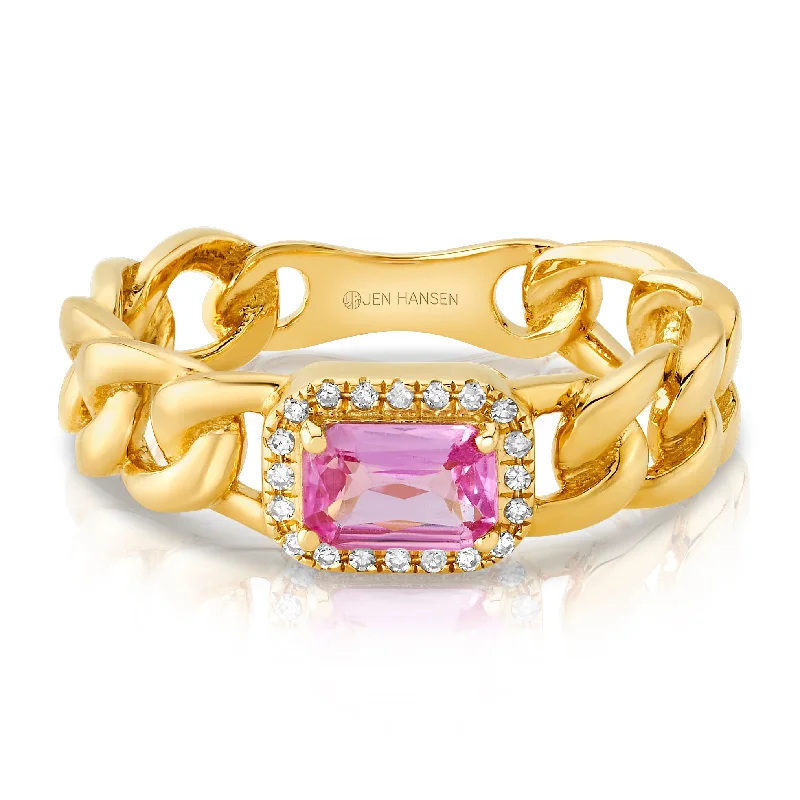 Women’s gold-plated rings-ELEVATED DIAMOND & PINK SAPPHIRE CUBAN RING, 14KT GOLD