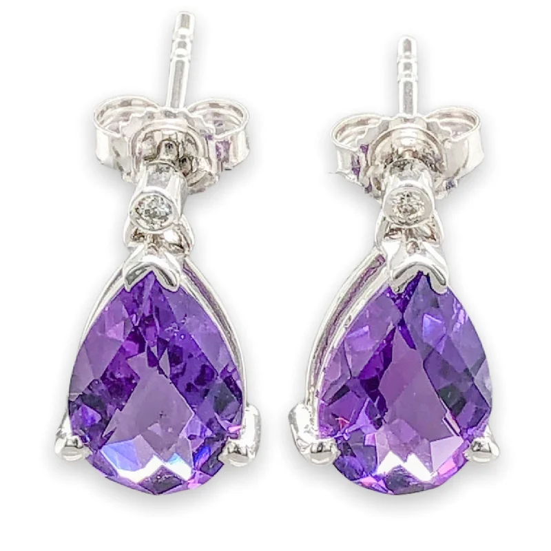 Women’s silver hoop earrings-14K W Gold 2.80cttw Amethyst & 0.02ct Diamond Drop Earrings