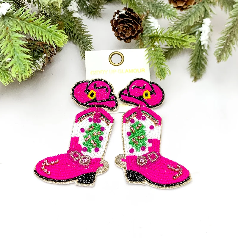 Women’s trendy earrings-Cowgirl Christmas Beaded Boot Earrings With Hat Post in Pink