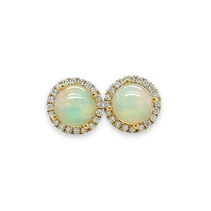 Women’s round stud earrings-14K Y Gold 0.24ctw G/SI1-2 Diamond and 2.38ctw Opal Halo Stud Earrings