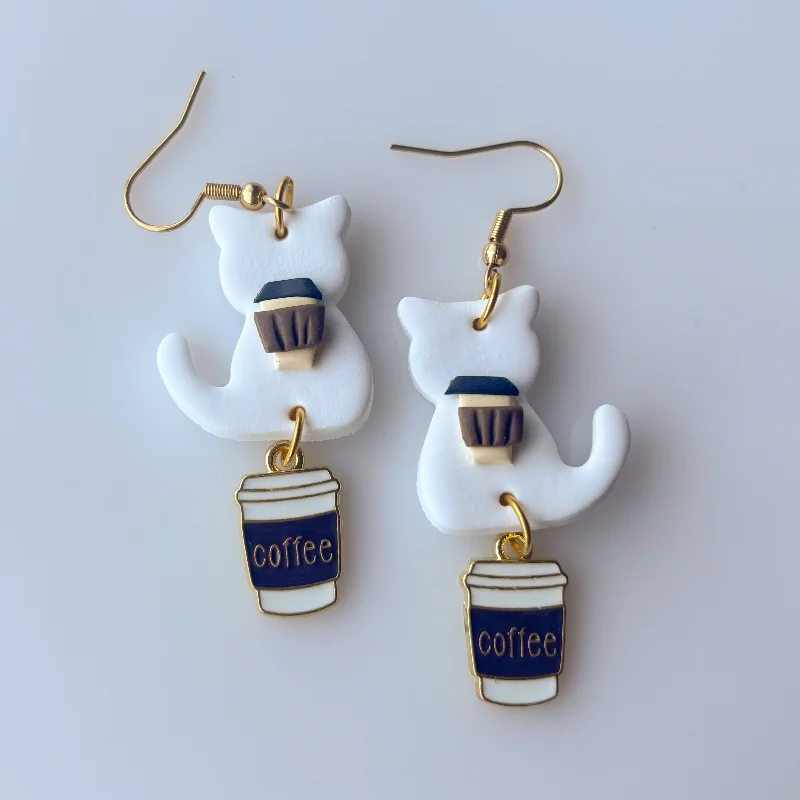 Women’s pearl earrings-COFFEE CAT EARRINGS