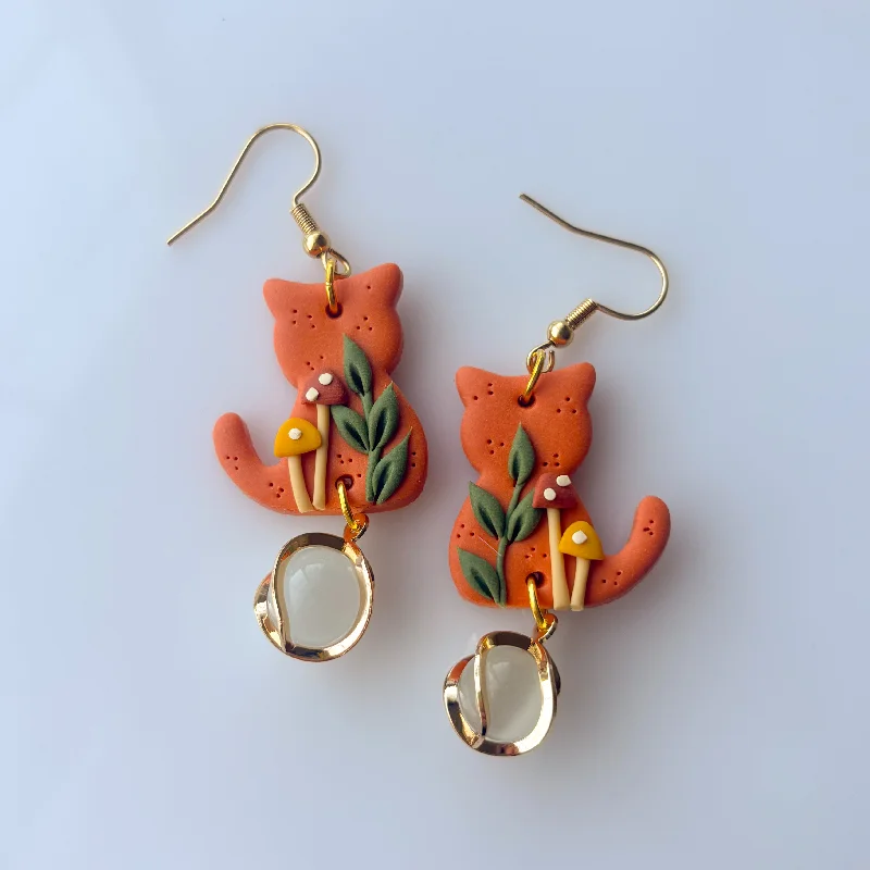 Women’s statement chandelier earrings-HARVEST MUSHROOM CAT EARRINGS