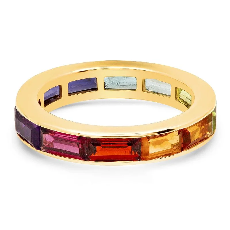 Women’s adjustable fashion rings-RAINBOW STONES BAGUETTE CHANNEL SET RING, GOLD