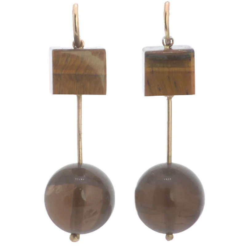 Women’s long dangling earrings-Sculpture Hooplet Earrings Tigers Eye Smoky Quartz