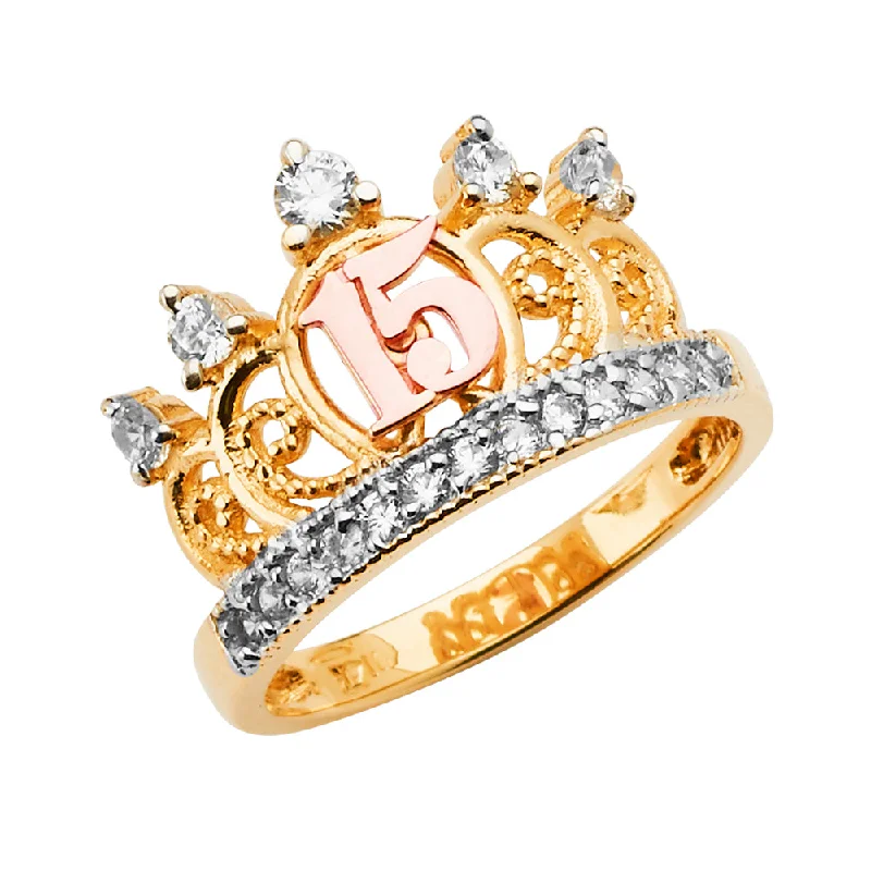 Women’s heart-shaped rings-14K 15 Years CZ Crown Ring