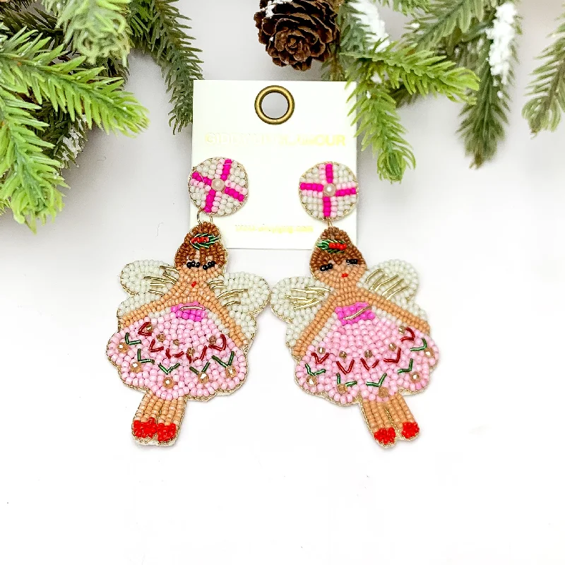 Women’s celestial earrings-Beaded Christmas Fairy Earrings in Pink Tones