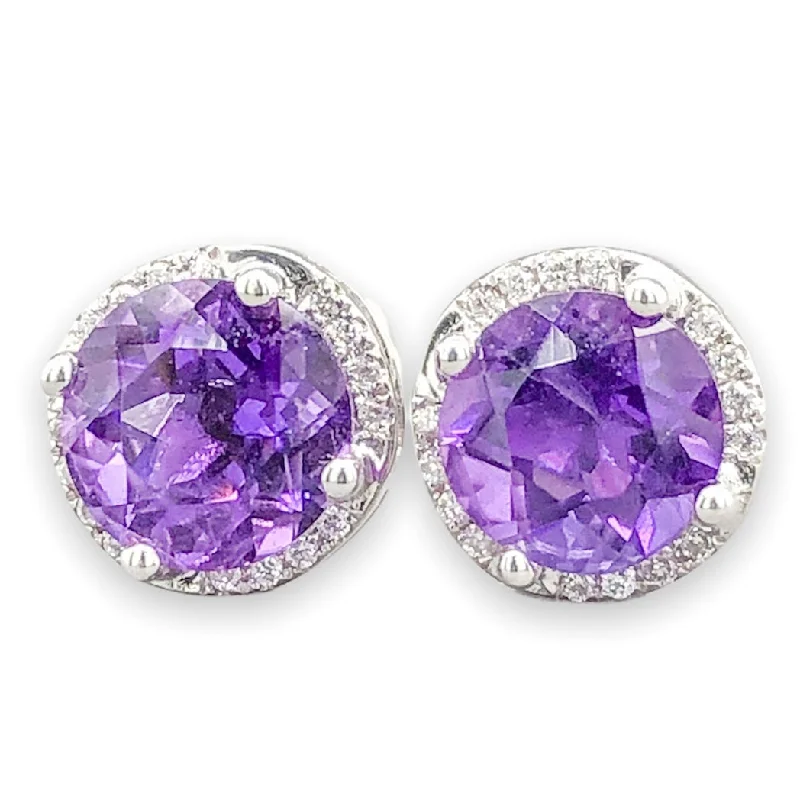 Women’s hoop earrings with crystals-14K W Gold 1.24cttw Amethyst & 0.26cttw SI1/H Diamond Halo Stud Earrings