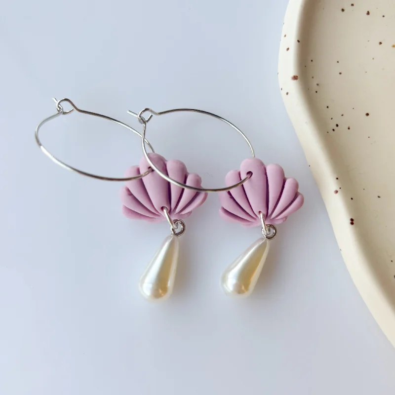 Women’s rose gold earrings-LILAC SEA SHELL HOOP EARRINGS