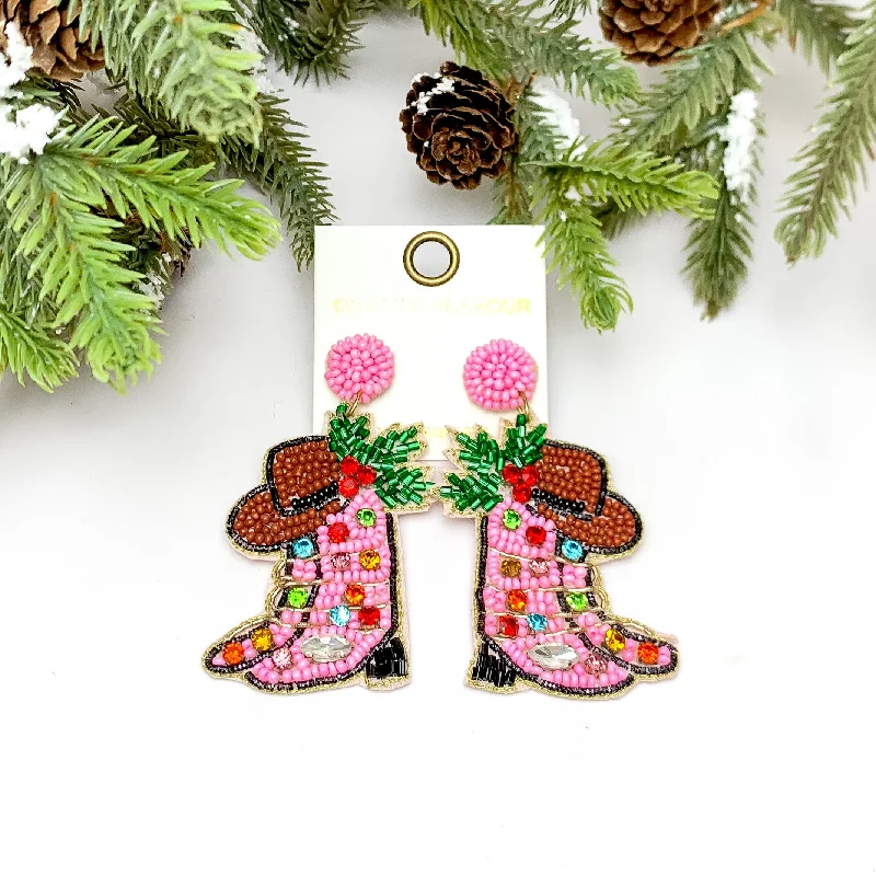 Women’s white gold earrings-Cowgirl Christmas Beaded Boot Earrings in Pink