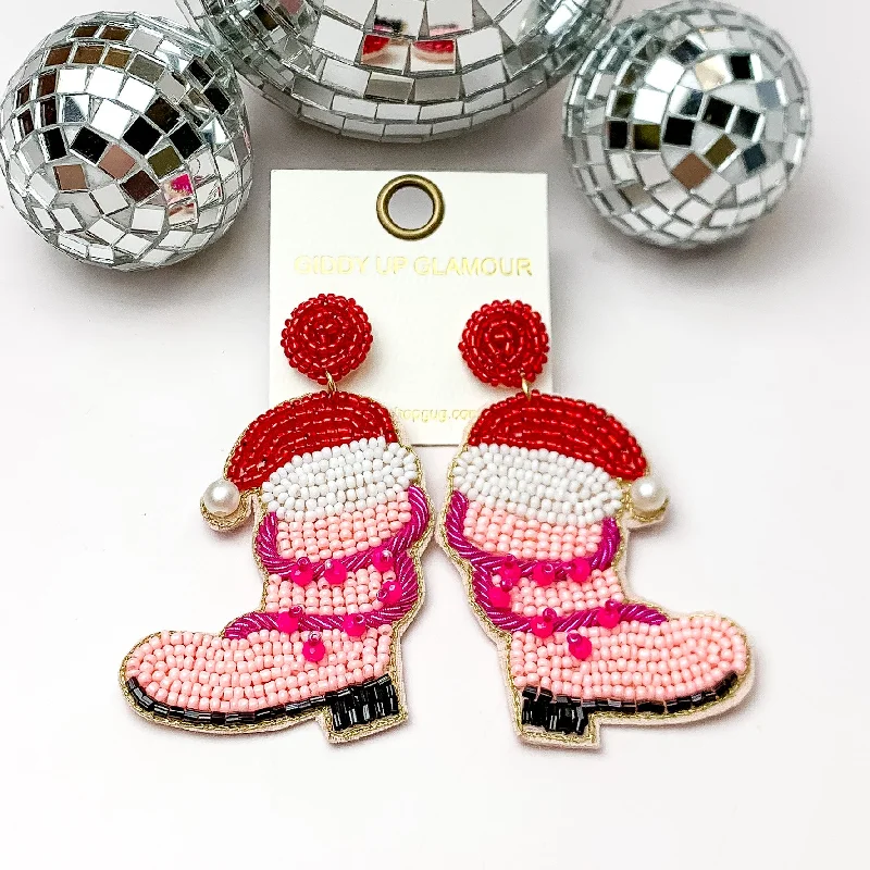 Women’s drop hoop earrings-Beaded Cowboy Boot Earrings with Santa Hat in Light Pink