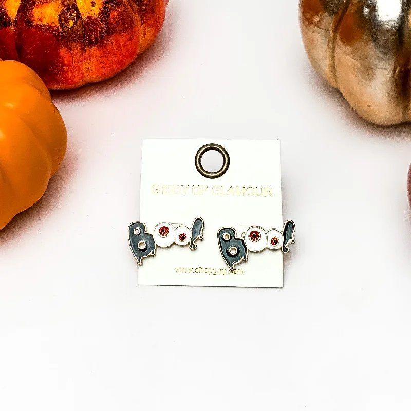 Women’s teardrop earrings-Boo Stud Earrings with Red Eyeballs in Black