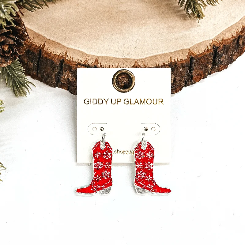 Women’s stacked earrings-Winter Fate Snowflake Pattern Boot Pendant Earrings in Red