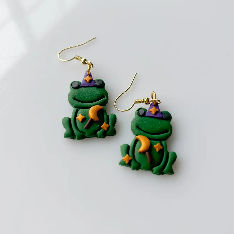 Women’s silver dangly earrings-MAGIC WIZARD FROG EARRINGS