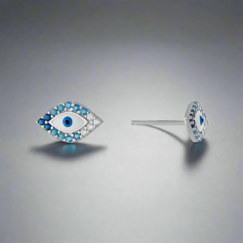 Women’s minimalist earrings-SS Blue CZ Evil Eye Earrings