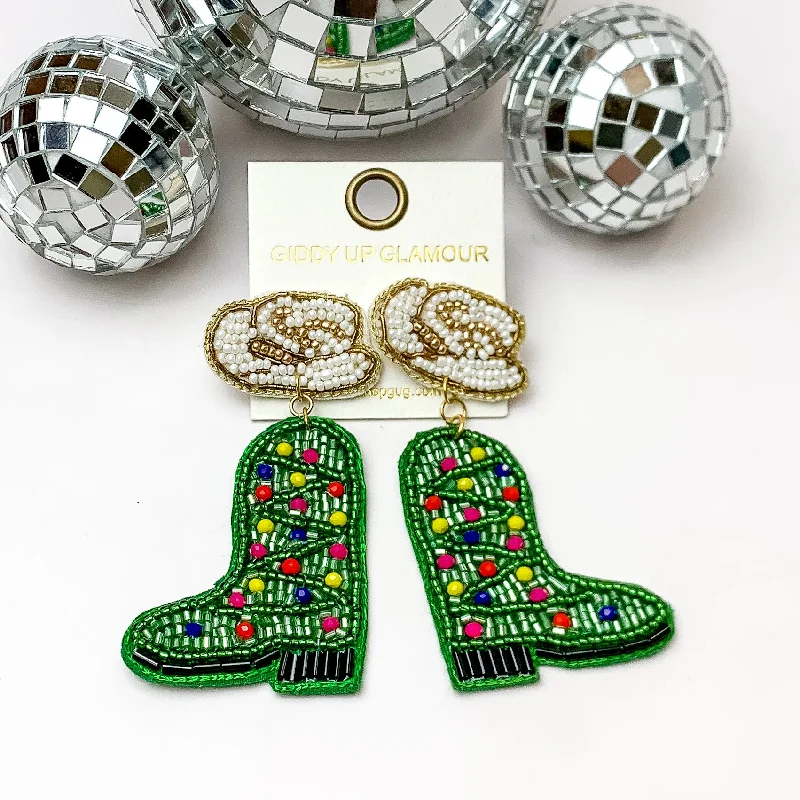 Women’s hoop earrings with crystals-Christmas Tree Beaded Cowboy Hat and Boot Earrings in Green