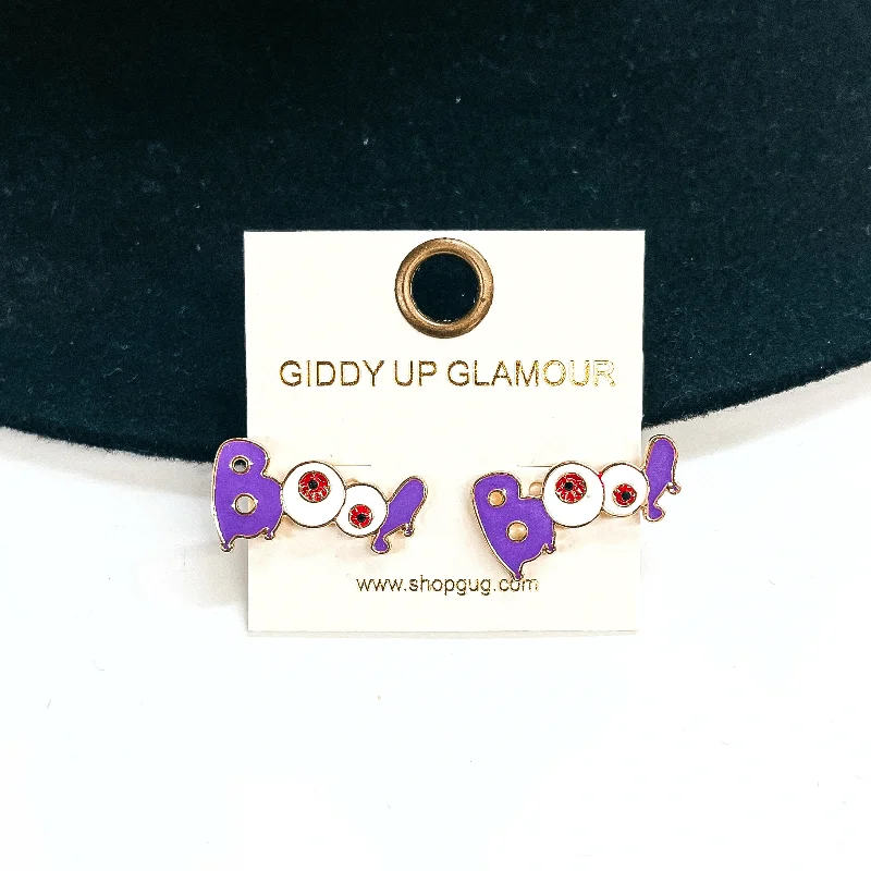 Women’s adjustable hoop earrings-Boo Stud Earrings with Red Eyeballs in Purple