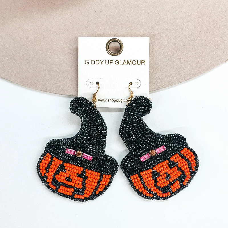 Women’s textured earrings-Seedbeaded Pumpkin Earrings with Witch Hat in Orange and Black