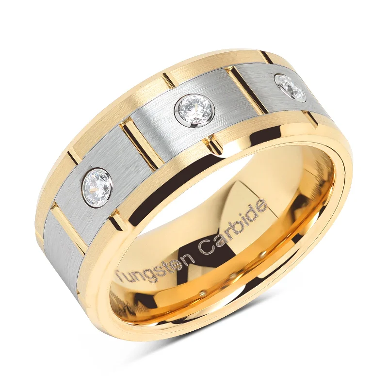 Women’s infinity rings-Tungsten Rings for Men Women 14k Gold & Silver Center Brushed CZ Inlaid Grooved Size 8-16