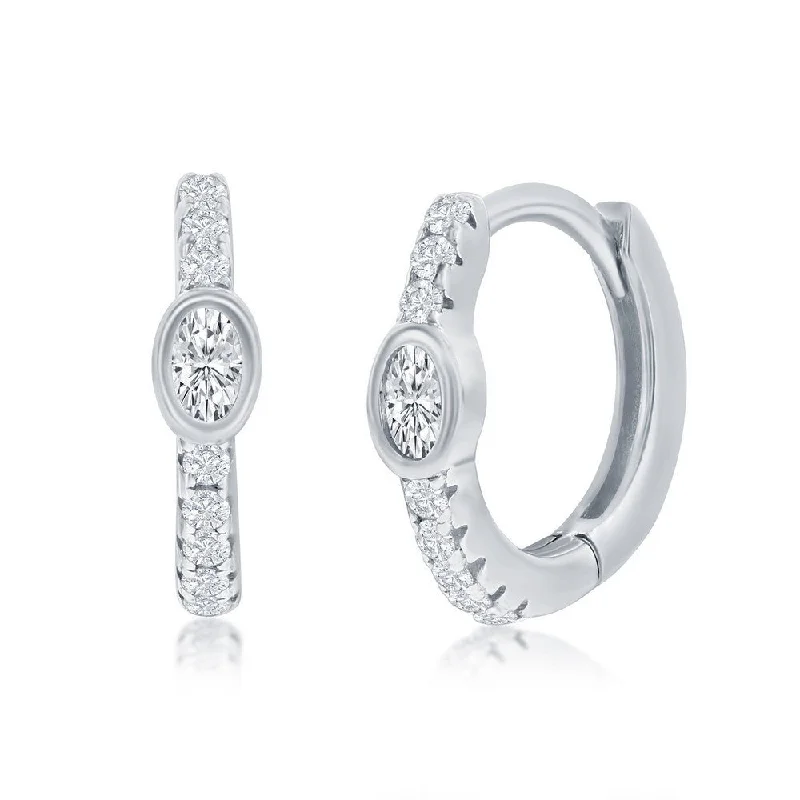 Women’s tassel earrings-SS 11MM Center Oval CZ Huggie Hoop Earrings