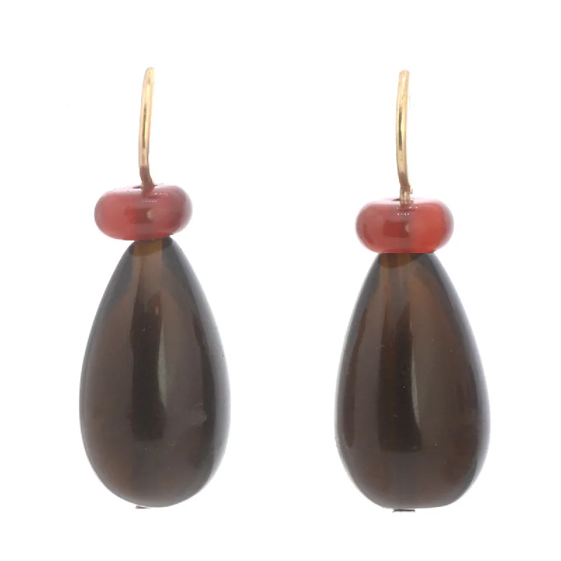 Women’s multi-layer earrings-Pom Pom Pear Hooplet Earrings Carnelian Smoky Quartz