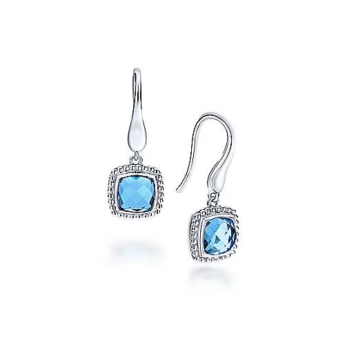 Women’s stacked earrings-SS Cushion Cut Swiss Blue Topaz Drop Earrings