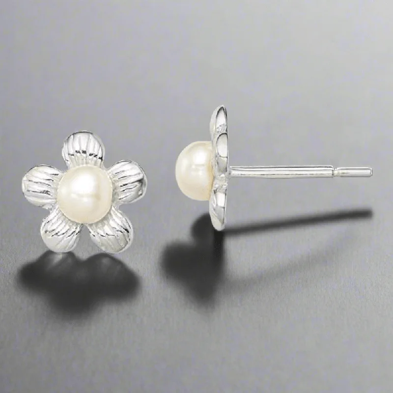 Women’s sterling silver earrings-SS Flower & Lab-Created Pearl Stud Earrings