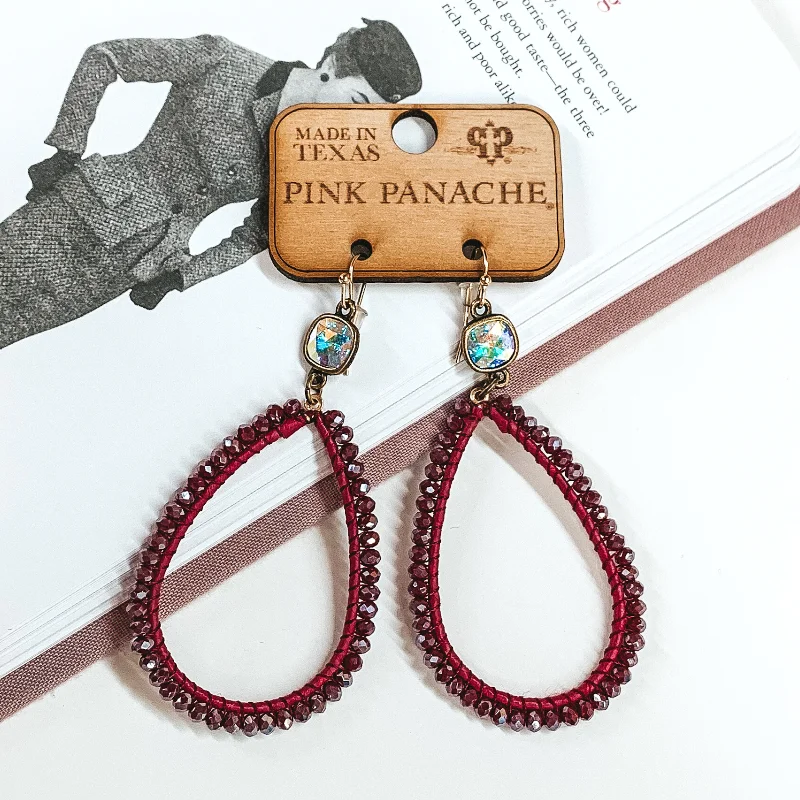 Women’s ear cuffs-Pink Panache | Burgundy Crystal Beaded Wrapped Teardrop Earrings with Ab Cushion Cut Crystal