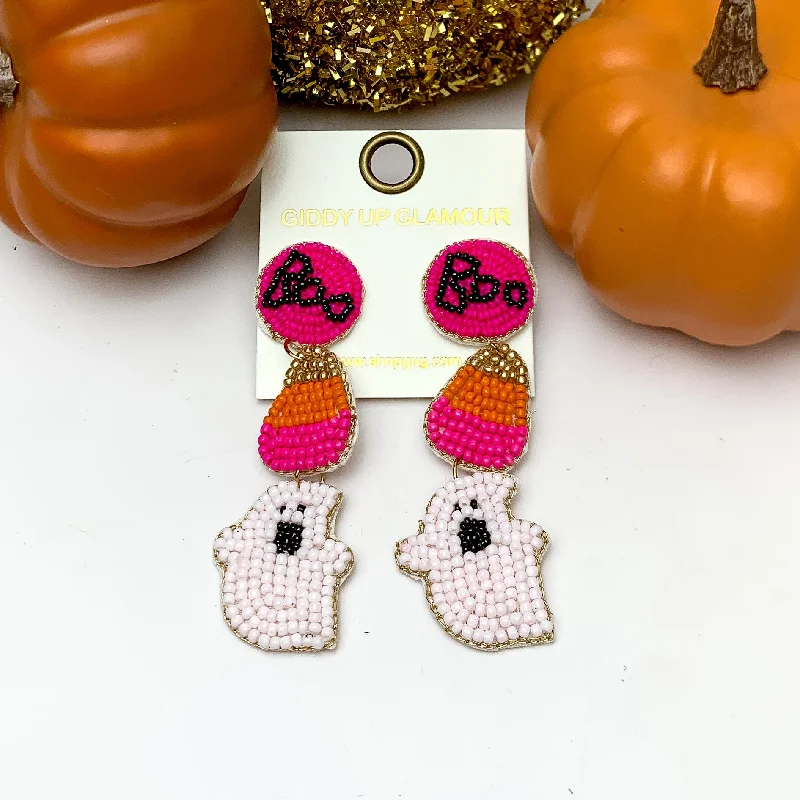 Women’s hoop gold earrings-Three Tier Halloween Themed Beaded Earrings in Pink and Orange