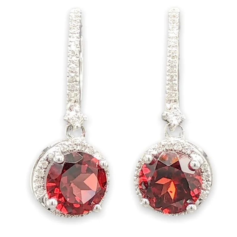 Women’s teardrop earrings-14K W Gold Garnet & .26cttw Diamond Halo Dangle Earrings