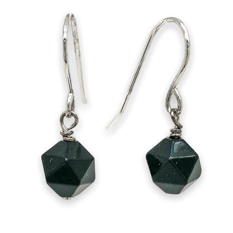 Women’s two-tone earrings-SS Faceted Black Agate Dangle Earrings