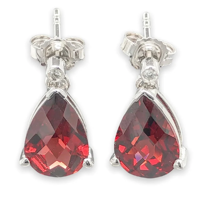 Women’s two-tone earrings-14K W Gold 5.1cttw Garnet & 0.02cttw H/SI2 Diamond Drop Earrings