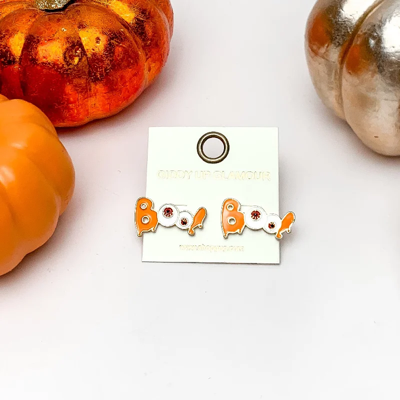 Women’s dangle earrings-Boo Stud Earrings with Red Eyeballs in Orange