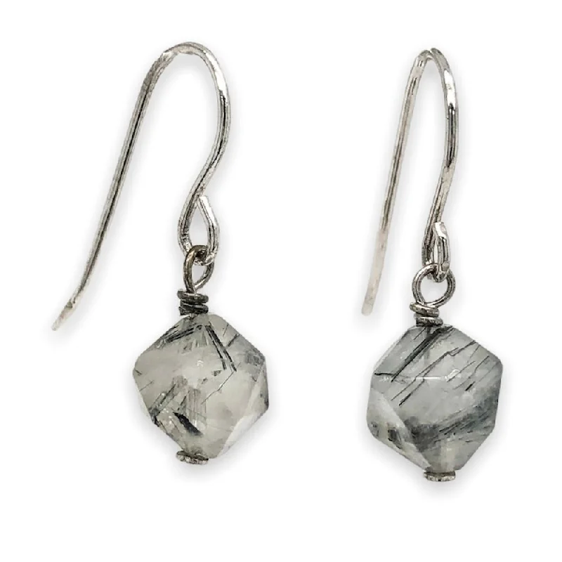 Women’s matching earrings-SS Faceted Black Rutilated Quartz Dangle Earrings