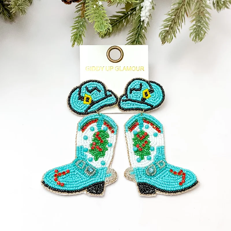 Women’s infinity earrings-Beaded Cowboy Hat and Boot Earrings with a Christmas Tree in Turquoise Blue